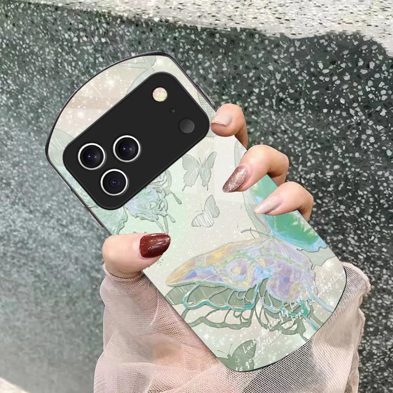 Lucky Butterfly Painting For iPhone 17 Air 16 15 14 Pro 13 Plus 12 Mini 11 Pro Max XR X 7 8 Elliptical Tempered Glass Phone Case