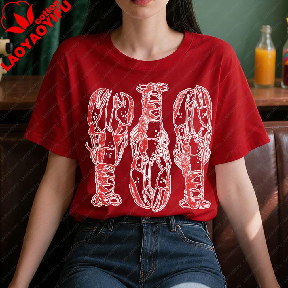 Vintage Lobster Print Tshirt Beach Vacation Clothing Lobster Lover Gift Shirt Unisex Daily Life Casual Cotton Short Sleeve