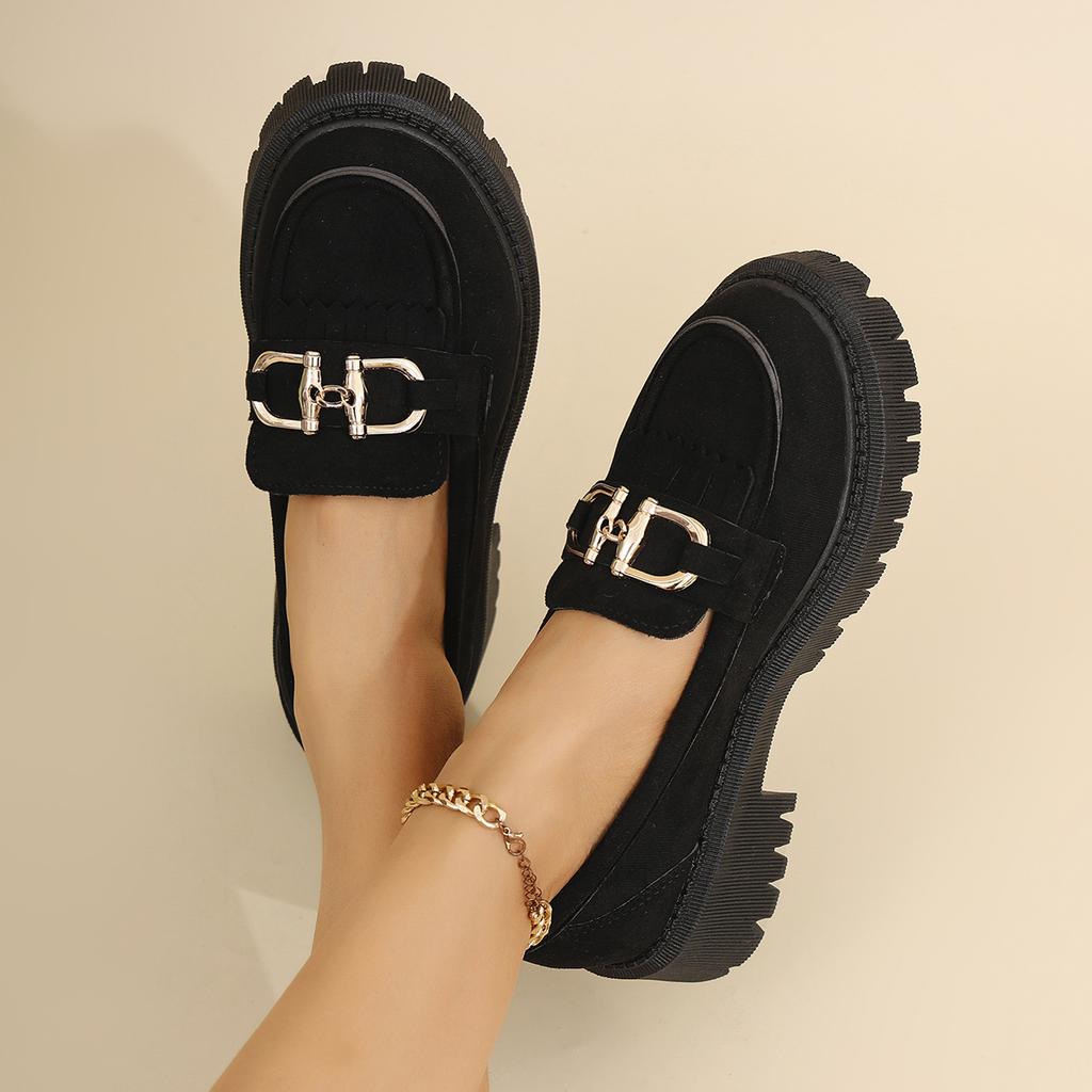 NEW Spring/Autumn Women Loafers Round Toe Chunky Heel Shoes Sheep Suede Shoes for Women Retro Metal Buckle Platform Women Shoes