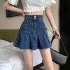 Anti-light lined pleated skirt light blue sexy hot girl small ruffle edge denim short skirt looks tall