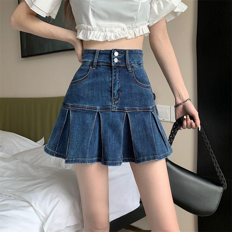 

Anti-light lined pleated skirt light blue sexy hot girl small ruffle edge denim short skirt looks tall XL