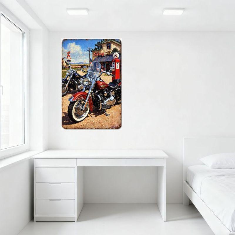 Vintage Route 66 Retro Motorräder Ford's Cafe Metallblechschild - Rustikales Roadside Americana Kunst für Bar Man Cave Diner Heimwand D