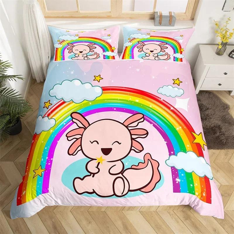 Cartoon Salamander Bedding Set, Maple Leaf Duvet Set, Microfiber Marine Life Three-Piece Set.