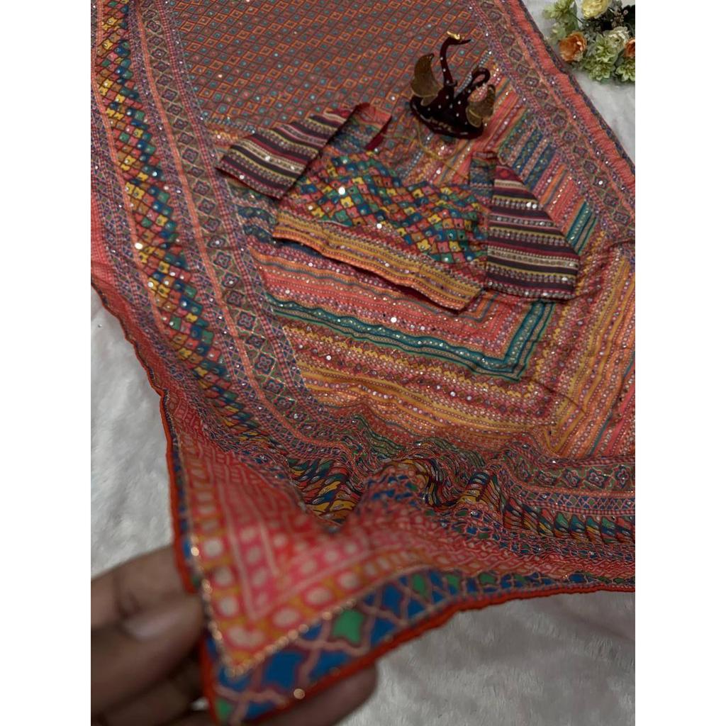 Premium Soft Chinon Printed Mirror Work Saree