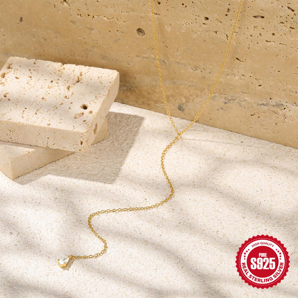 Simple Ins Wind S925 Sterling Silver Y-Shaped Temperament Versatile Water Drop Diamond Chain Choker Women'S Collarbone Necklace