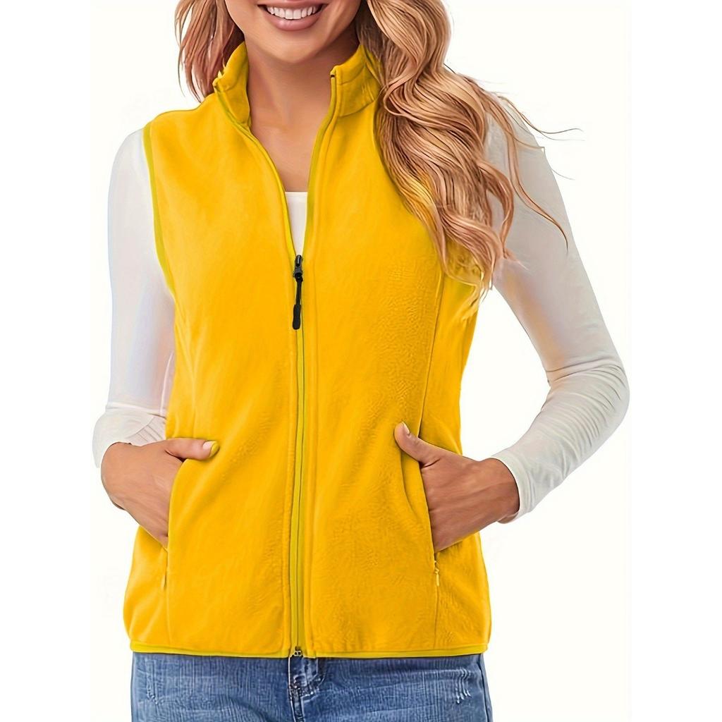 Plus Size Women's Fleece Lined Sleeveless Zipper Pocket Vest Cardigan Jacket, Autumn Winter Outerwear Wholesale
