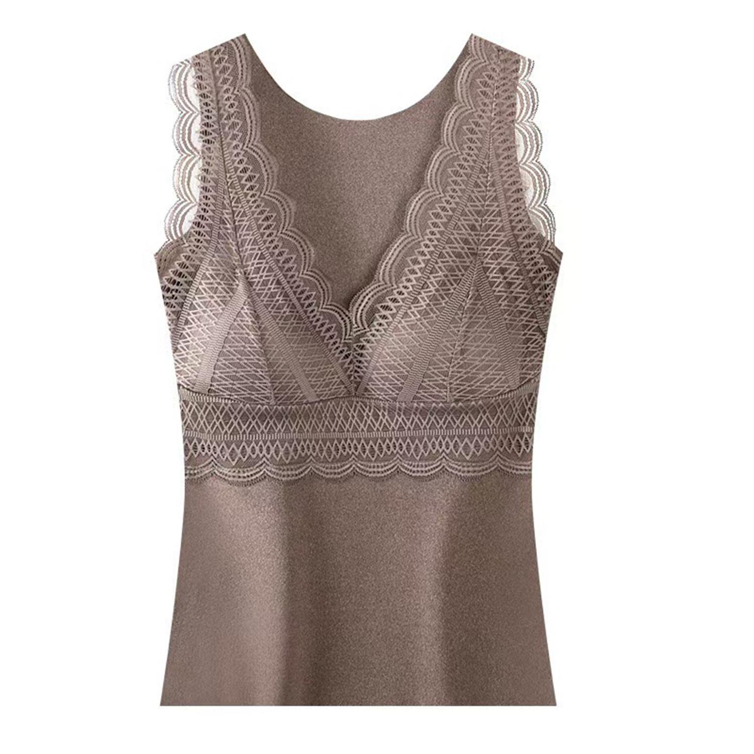 

Женские термо-топы со встроенным бюстгальтером, повседневный мягкий удобный жилет, пуловер, эластичный теплый базовый слой, нижнее белье, без рукавов, кружевной жилет на бретельках 3XL коричневый