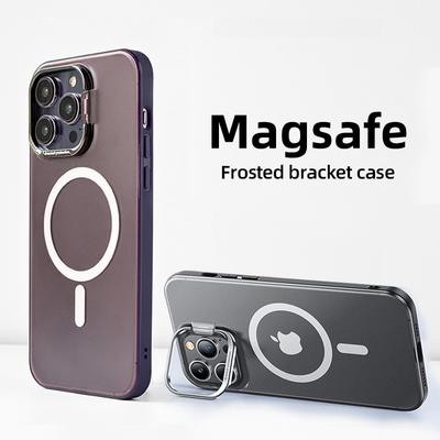 Magnetic Phone Case For Iphone 12 13 14 Pro Max Metal Stand Bracket Magsafe Wireless Charging Frosted Translucent Hard Cover