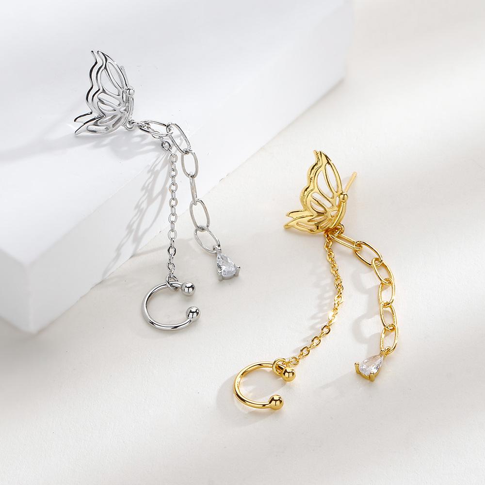 Super Fairy Temperament Fringed Butterfly Ear Clips, Thin Long Chain Splicing Integrated Earrings, Cross-Border Earbone Clips