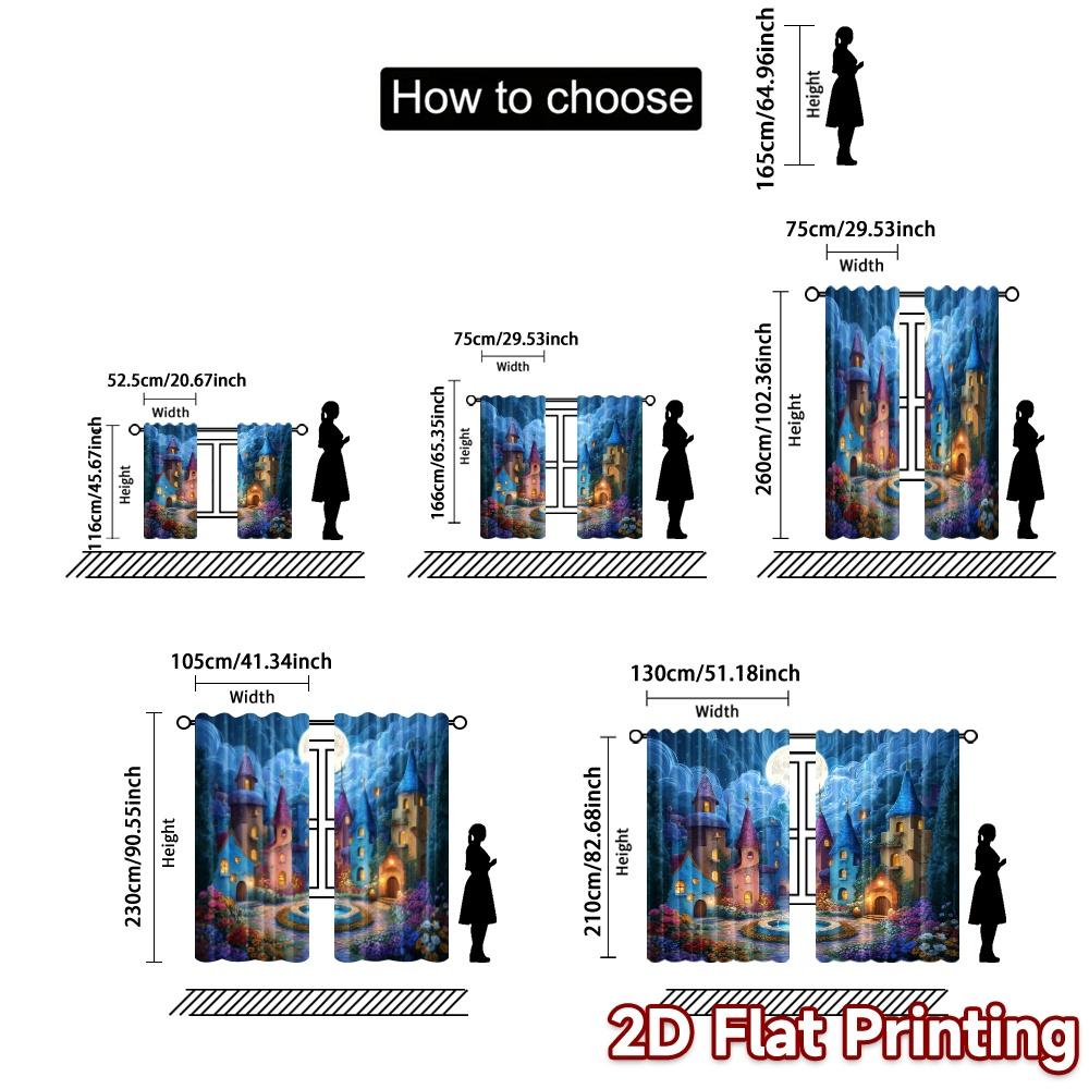 Flat Printing Curtains Without Rod Moonlit Village Fashionable Popular Polyester Decorations Curtain Set Of 2 Made Washable