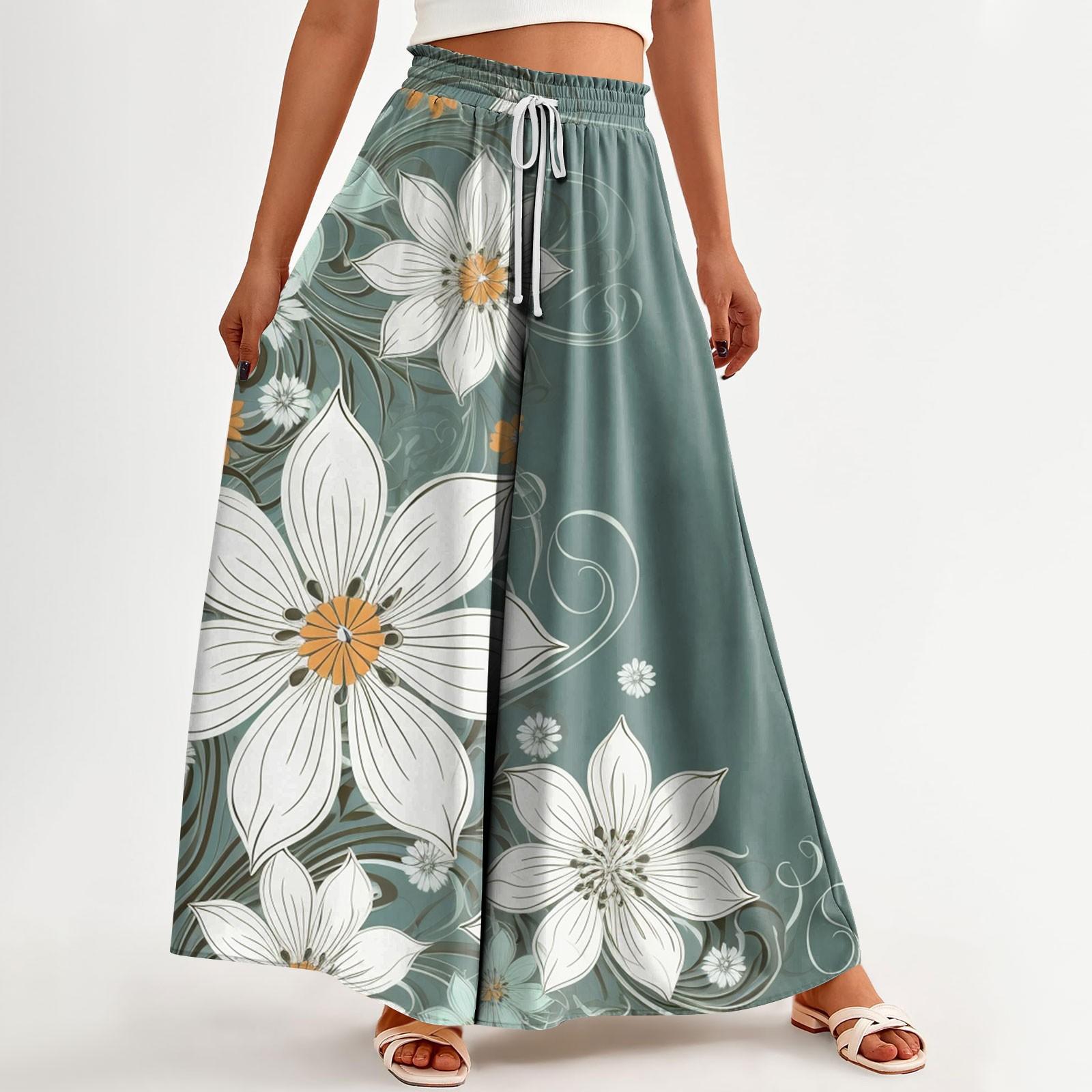

Женские широкие брюки с высокой талией, летние повседневные струящиеся брюки-палаццо, пляжные брюки с цветочным принтом и карманом XXL
