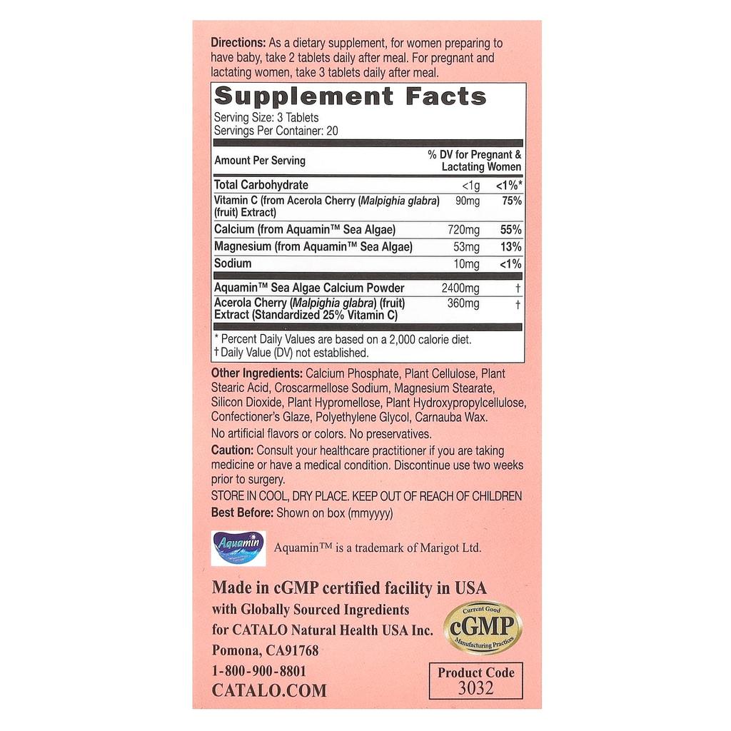 Veggie Calcium Formula, Pregnancy Seaweed Calcium with Acerola Vitamin C, Veggie Tablets 60