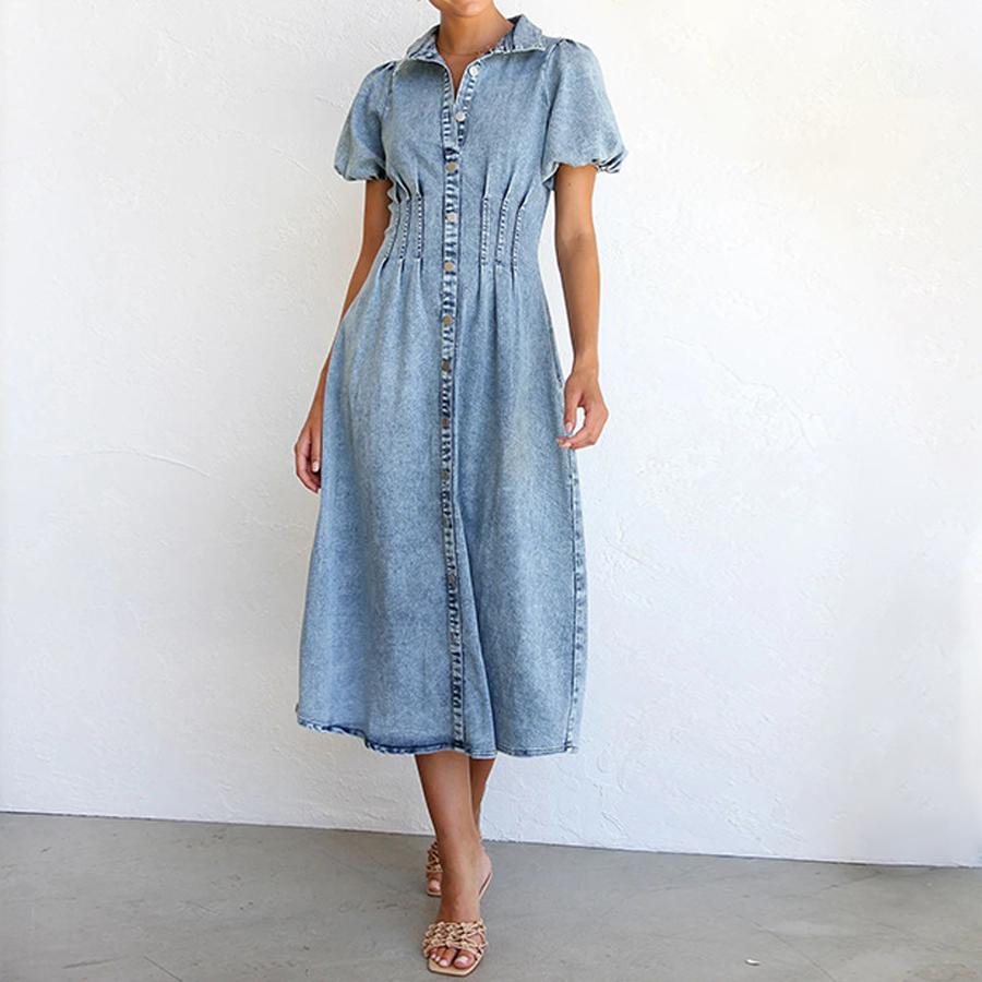 Spring/Summer Bubble Sleeve Short-Sleeve Distressed Casual Shirt Denim Long Dress