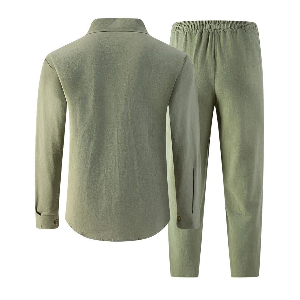 Men's Linen Two-Piece Set with Long Sleeve Shirt and Pants, Turn-Down Collar, Double Pockets, Loose Fit Casual