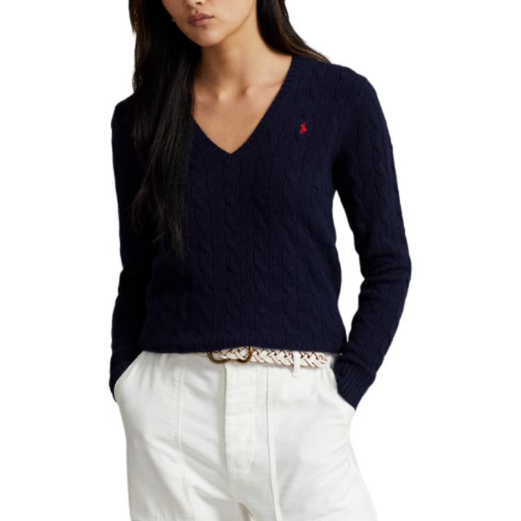 Polo Ralph Lauren Solid Color V-Neck Badge Print Pullover Long Sleeve Sweater Women Sweater Dark-Blue WMPOSWENC020782-400