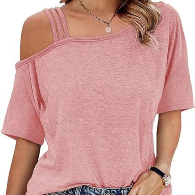 Women's Clothing European and American Cross-Border Summer New Loose Casual One-Shoulder Off-The-Shoulder Loose Short-Sleeved Women's T-Shirt