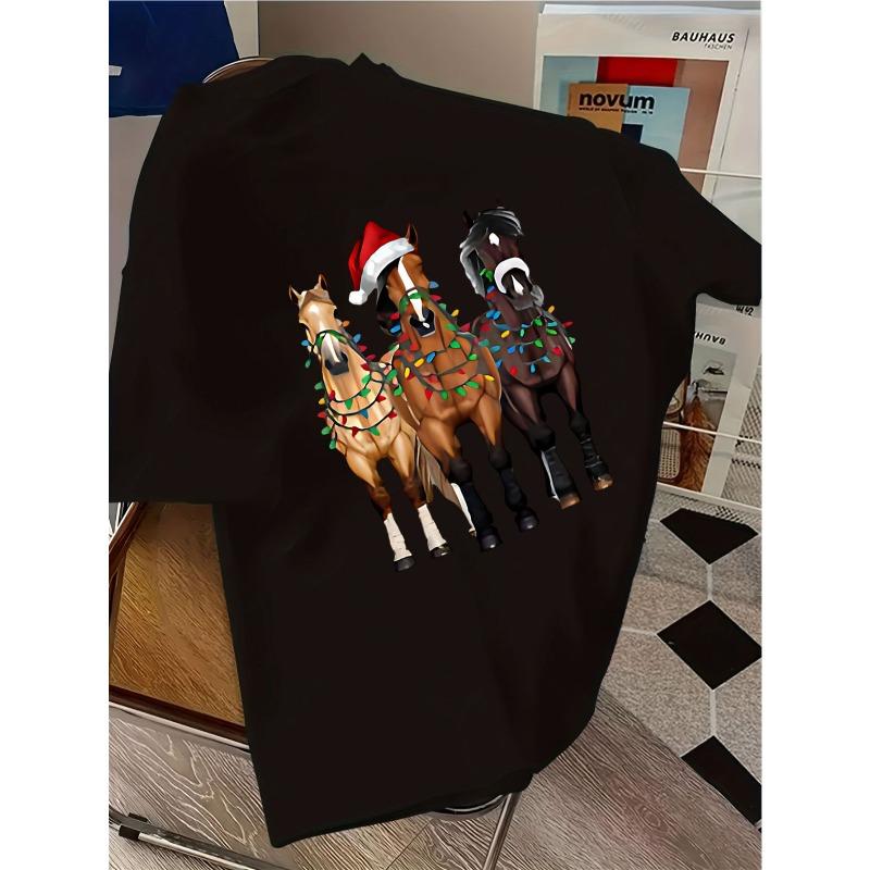 European sizes Christmas-Themed Horse Decoration T-Shirt, a Loose And Casual Top for New Year Holiday Gifts -- Stylish Print Design