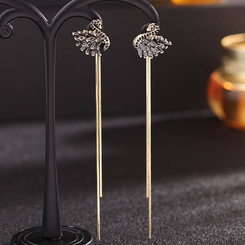 Quality Two Tassel Swan Earrings, New Trendy Black Swan Earrings, 925 Silver Needle Long Earrings