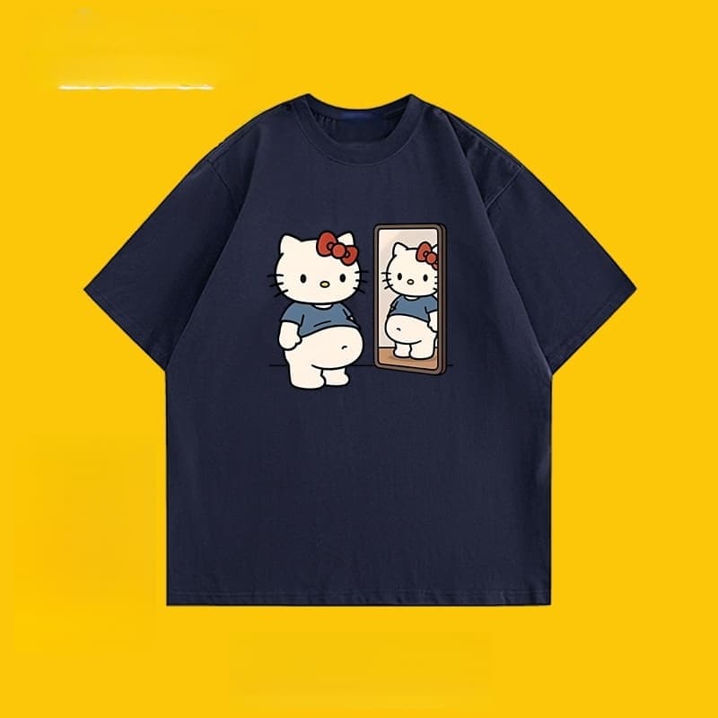 2026 New Fun  Mirror Selfie Pattern Tshirt Cute and Chubby Sanrio Printed Adult and Childrens Cotton Tshirt