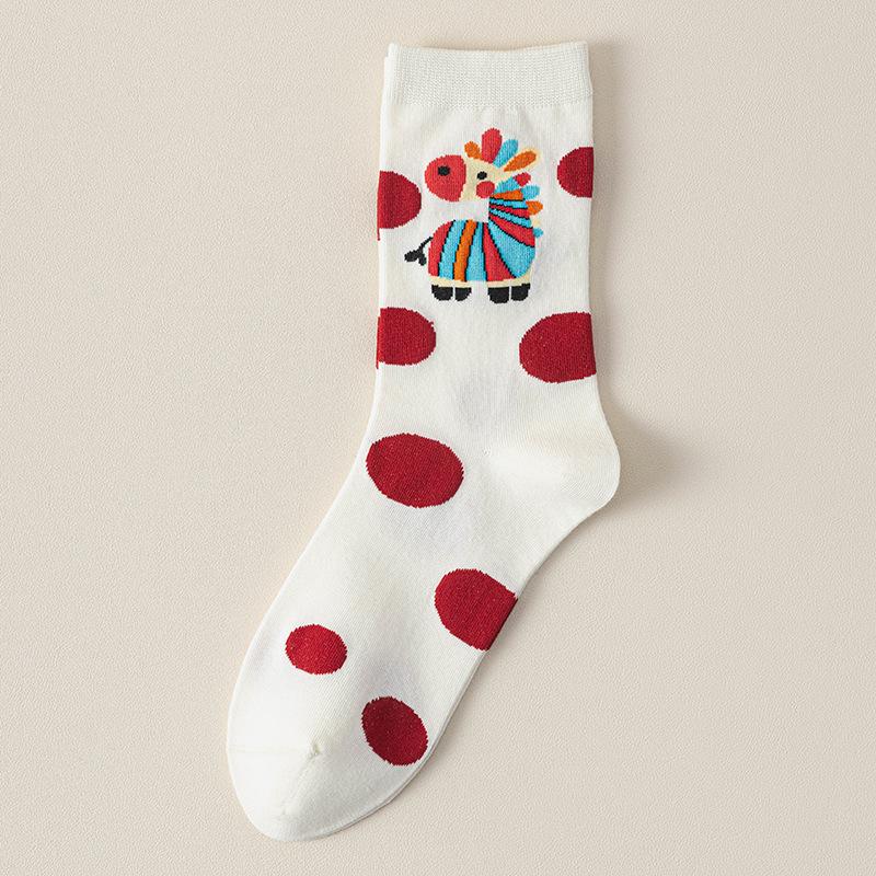 Red Socks Pure Cotton Year Of The Horse Tube Socks Cute Cartoon Season Cotton Boneless Festive Stockings