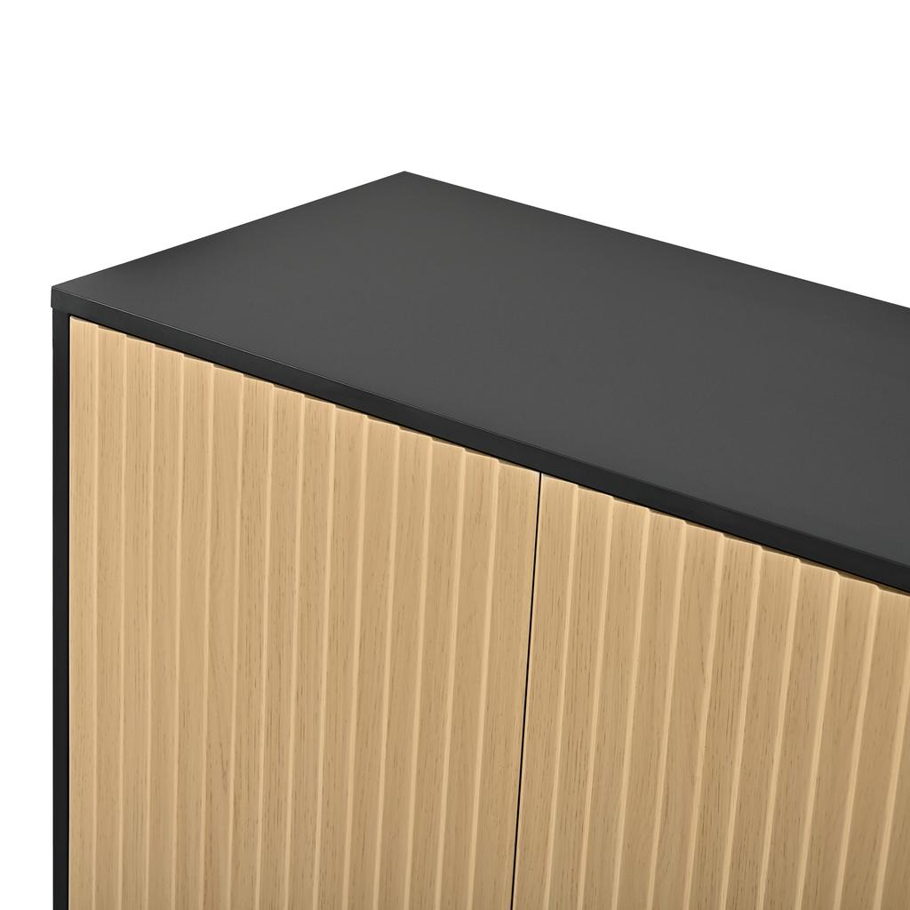 Credenza Mobile Porta Scarpe Scanalato Verticalmente 4 Ante a Battente Ripiani Regolabili in Altezza Struttura Nera Ingresso Sala da Pranzo Soggiorno Mobile Contenitore
