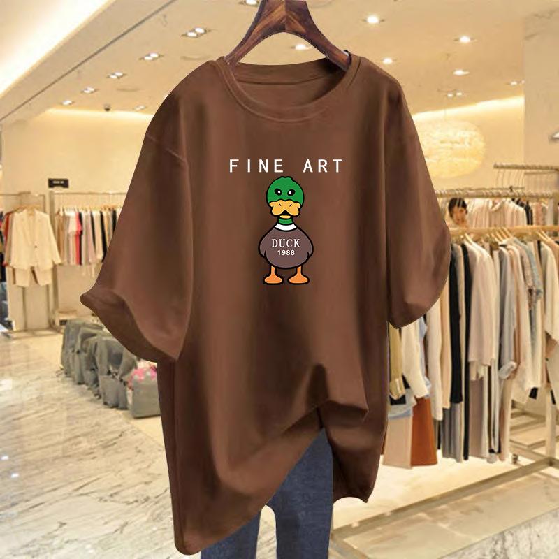 

Large size duck print pure cotton round neck white short-sleeved t-shirt women s summer new loose casual printed top base XXXL
