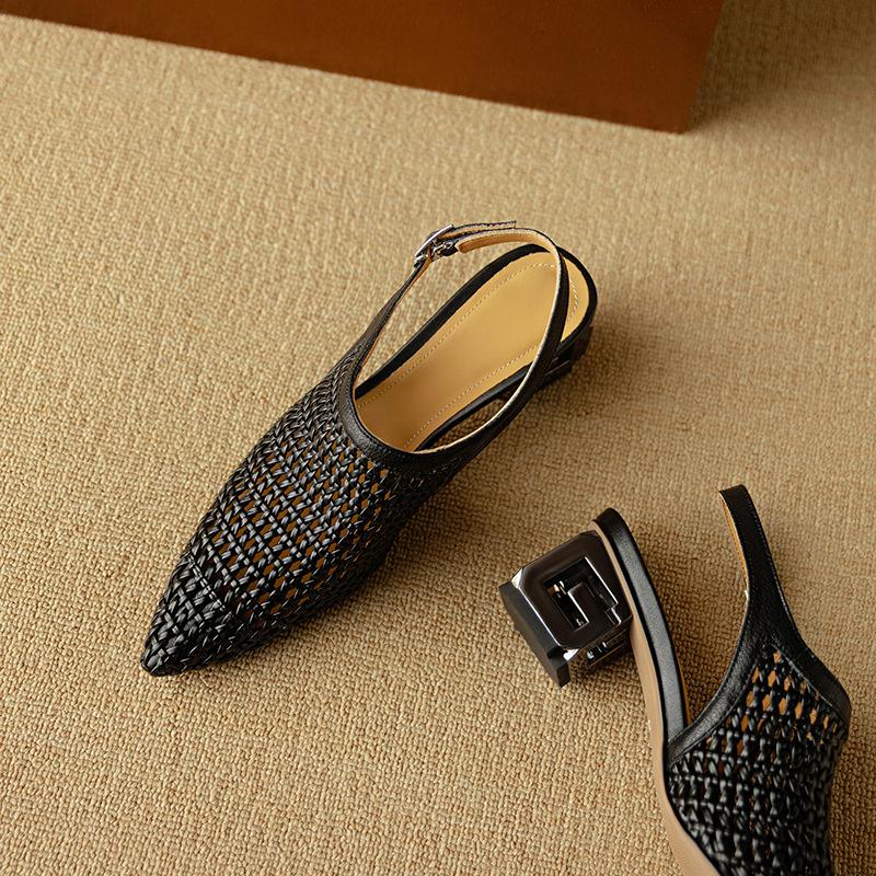 5.5Cm | Woven pointed pointed hollow bag head sandals women's middle heel with Roman shoes 2025 summer new hole