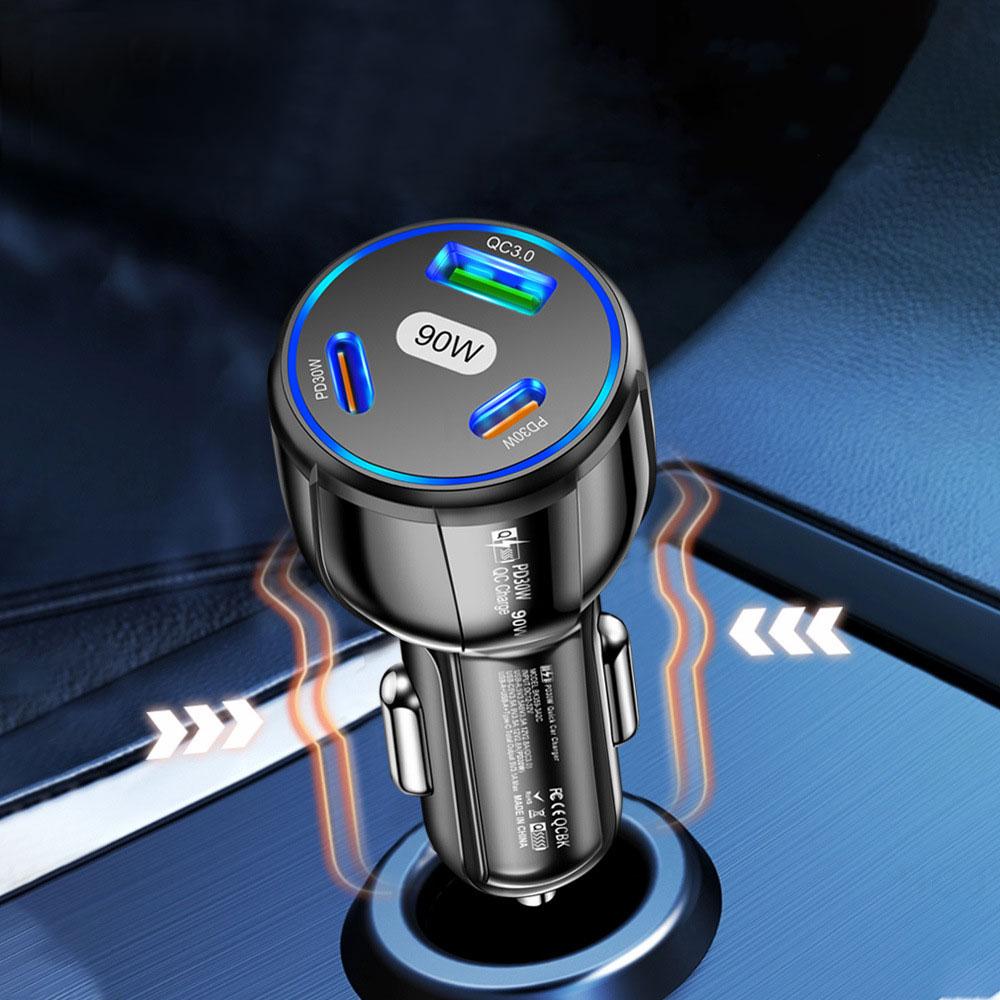 1Pc 90W LED Car Charger 3 Ports Fast Charge PD USB C Car Phone Charger Type C Adapter In Car Universal Auto Interior Accessories