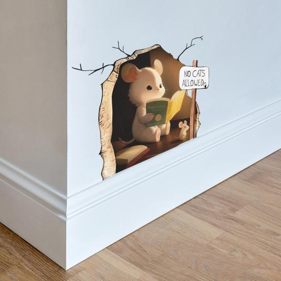 Mouse Wall Hole Sticker Mouse Reading Book Wall 3D Sticker Decal Funny Adorable Wall Corner Sticker Kids Room Nursery