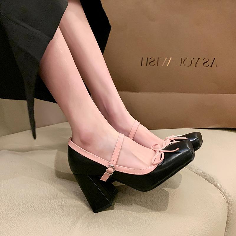 Fashion 2024 New Fashion Bowknot Mary Jane Shoes with Square Toe Platform High Thick Heel Pumps Breathable Dress High Heels Party Shoes
