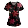 Ladies' Fashionable V-neck Pocket Short Sleeved Christmas Tree Printed Caregiver Shirt