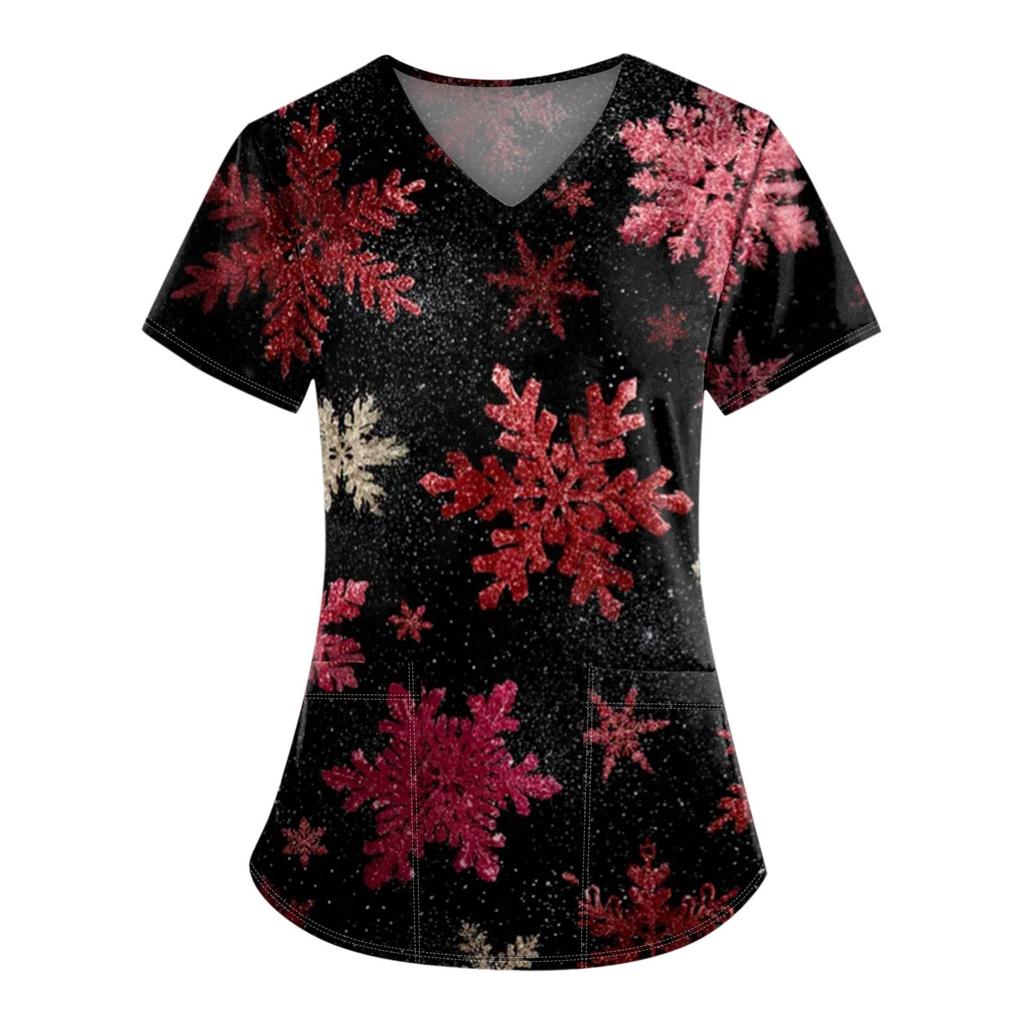 Ladies' Fashionable V-neck Pocket Short Sleeved Christmas Tree Printed Caregiver Shirt