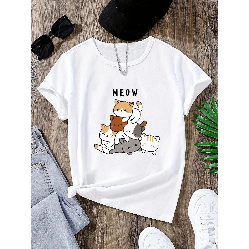 Woman's Summer Creative Cute Cat Print Casual Round Neck Short Sleeve Daily Casual Woman TShirt Clothing