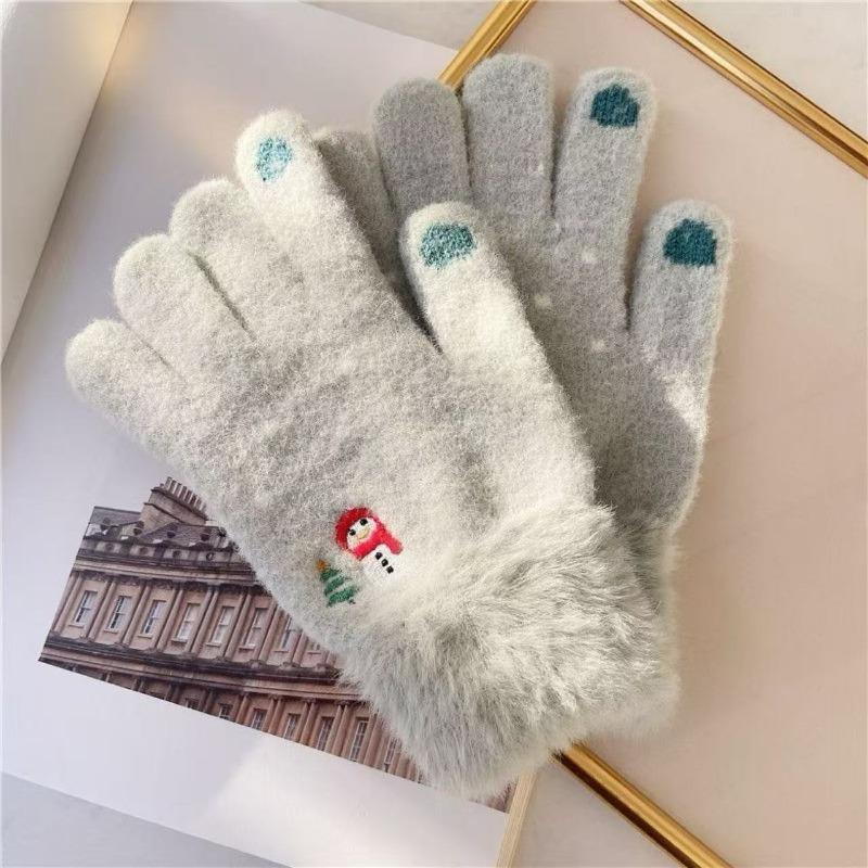 Winter Warm Gloves Plush Cartoon Cute Christmas Snowman Five-Fingered Gloves Can Student Girls