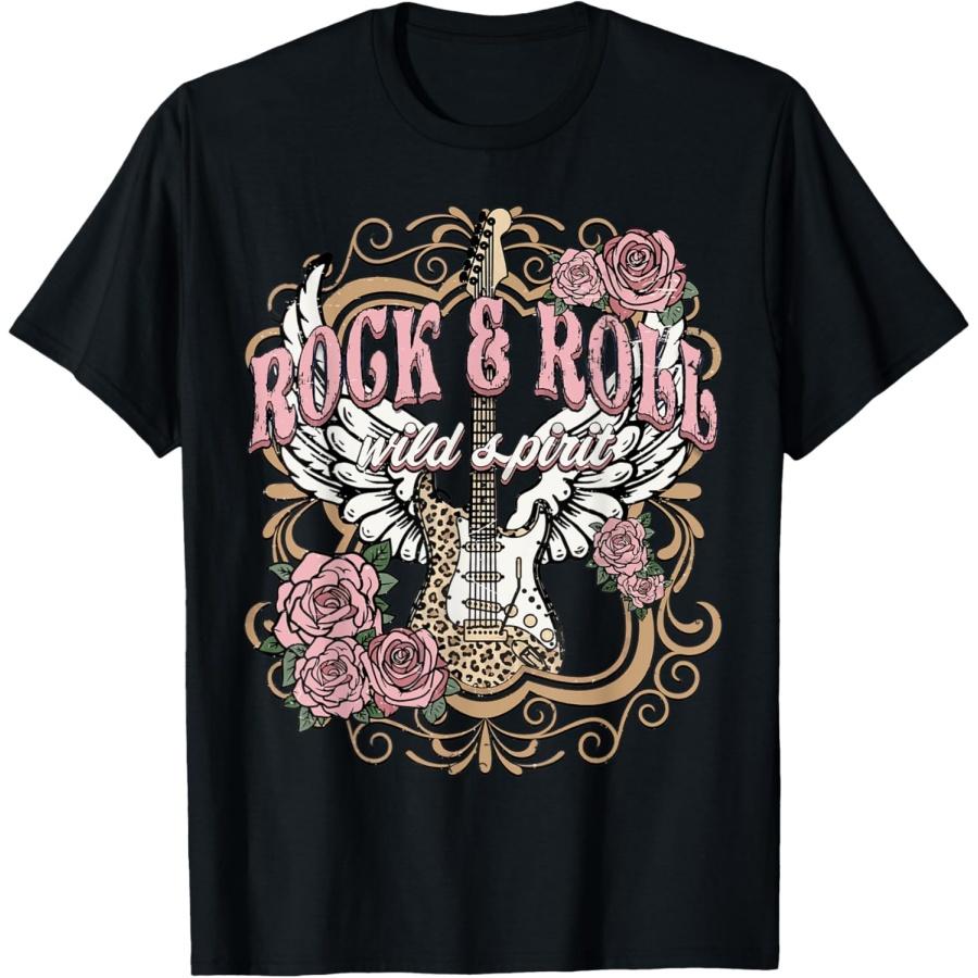 Vintage Rock n Roll Wild Spirit Lets Rock Guitar Floral T-Shirt XXXXXL чёрный