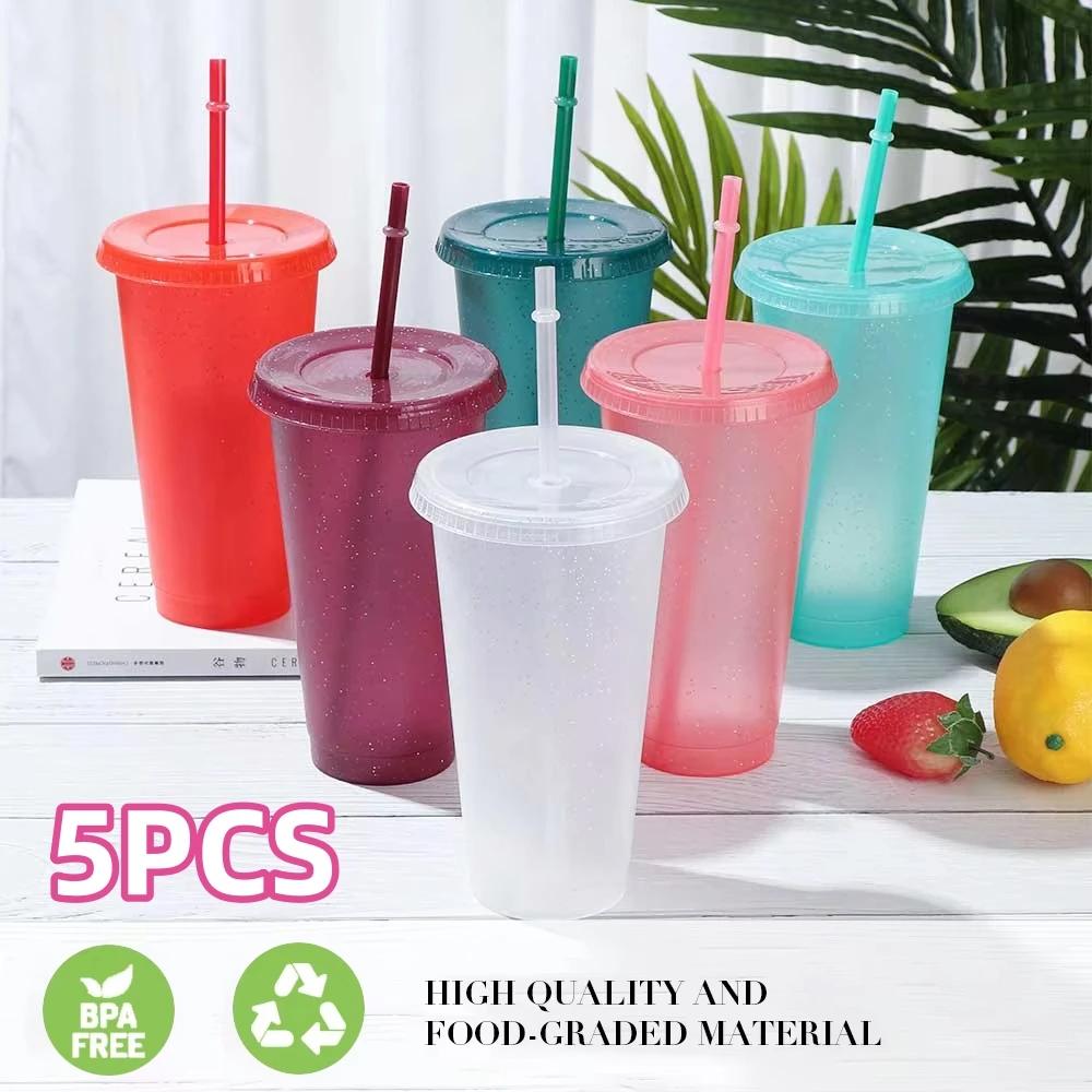 5 Stück 24oz Glitzerbecher mit Strohhalm & Deckeln Wiederverwendbare Hartplastikbecher Hochzeitsfeier Sommer-Trinkbecher Mädchens Lieblingsbecher