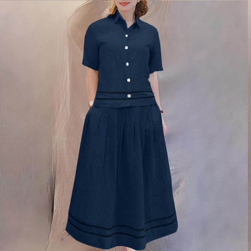

ZANZEA Women Short Sleeve Blouse and Long Skirts Casual Two Piece Sets 5XL темно-синього кольору
