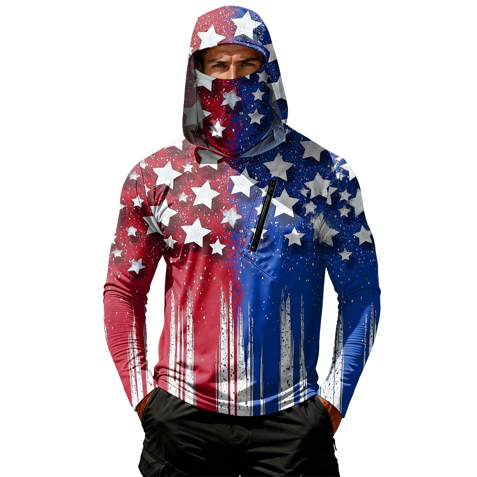 

Men s Long Sleeve Hooded T Shirt Lightweight Pullover with Star Stripe Print Casual Drawstring Hoodie Top for Outdoor Activities S синій