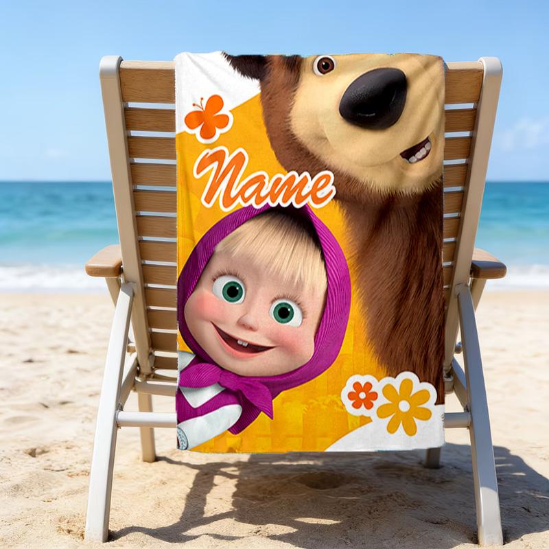1pc Masha and the Bear4 Beach Towel with Custom Name, Beach/Swimming/Bath/Picnic/Camping Towel, Suitable for Seaside Beaches