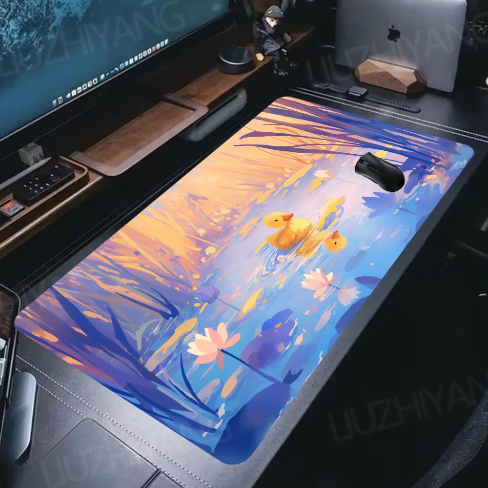Cute Yellow Duck Lotus Large Extended Desk Mat Anime Scenery XXL Gaming Mouse Pad Non Slip Rubber Keyboard Mat Office Home Decor
