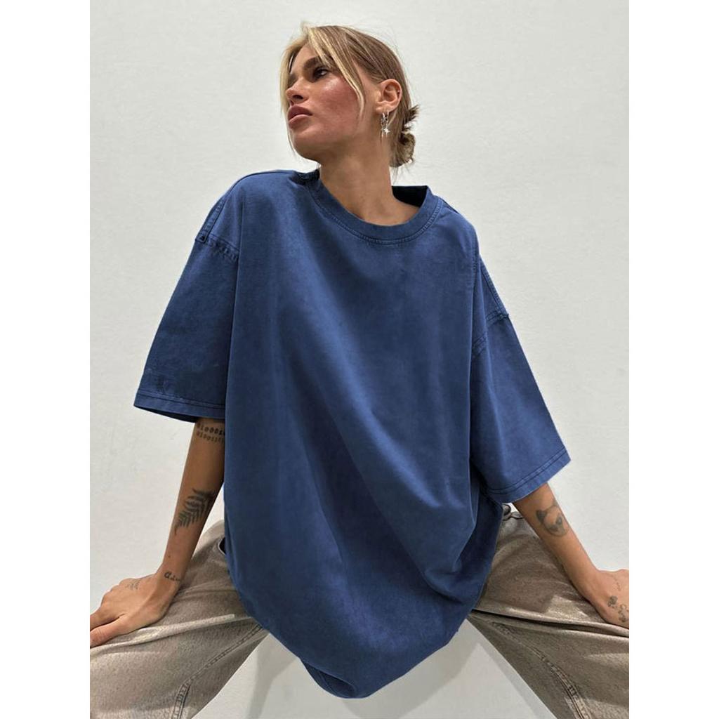 Cotton Retro T-shirt Men Women Vintage Short-sleeve Wax Printing T Shirts Solid Color Hip Hop Loose Tees Plus Size