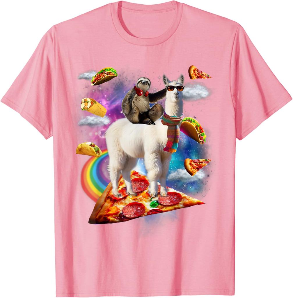 Bradipo che cavalca un lama nella Galassia della Pizza Taco Maglietta Grafica Divertente Casual Unisex Maglietta da Viaggio