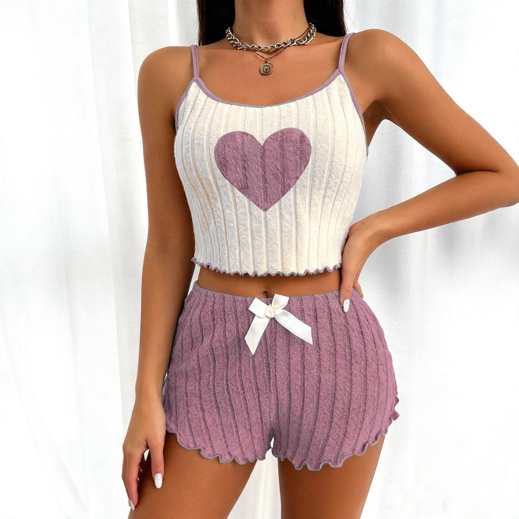 Women's Heart Print Ribbed Spaghetti Strap Crop Cami Top Bow Shorts Loungewear Two Piece Outfit Set