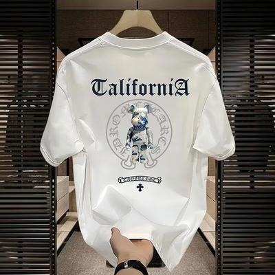Plus Size Casual American Style Fashion Round Neck Short Sleeve Tee Loose Cotton T Shirt for Men Teddy Bear Pattern Print Casual Couple Shirt