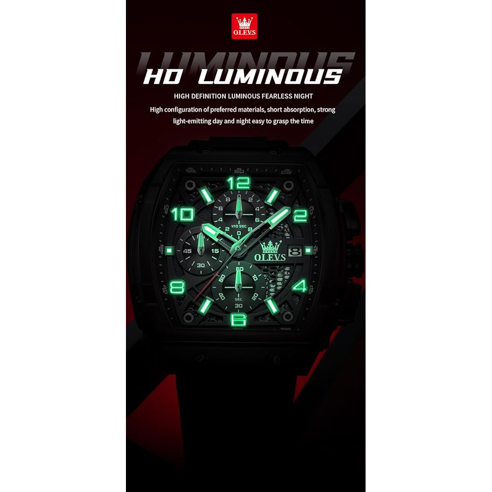 OLEVS Men's Chronograph Waterproof Multifunctional Quartz Watch with Calendar and Silicone Strap Black
