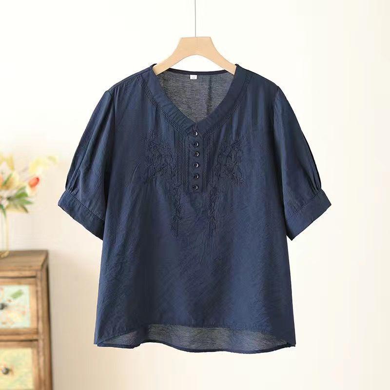 Women's Tencel Linen Embroidered Short-Sleeve Top & Pants Set for Summer - Middle-Aged Mother's Style.