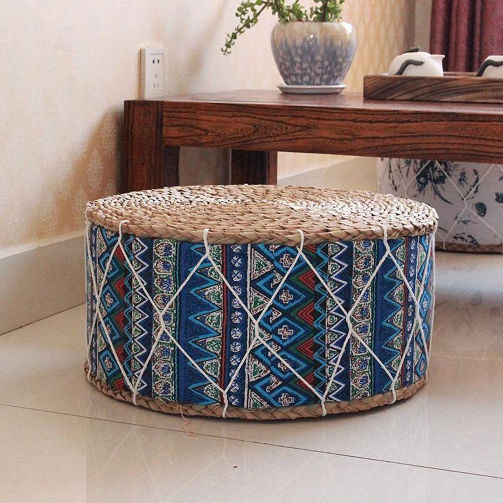 Hand-Woven Floor Cushion Round Shape Ottoman Stool Rustic Style Woven Stool  Living Room