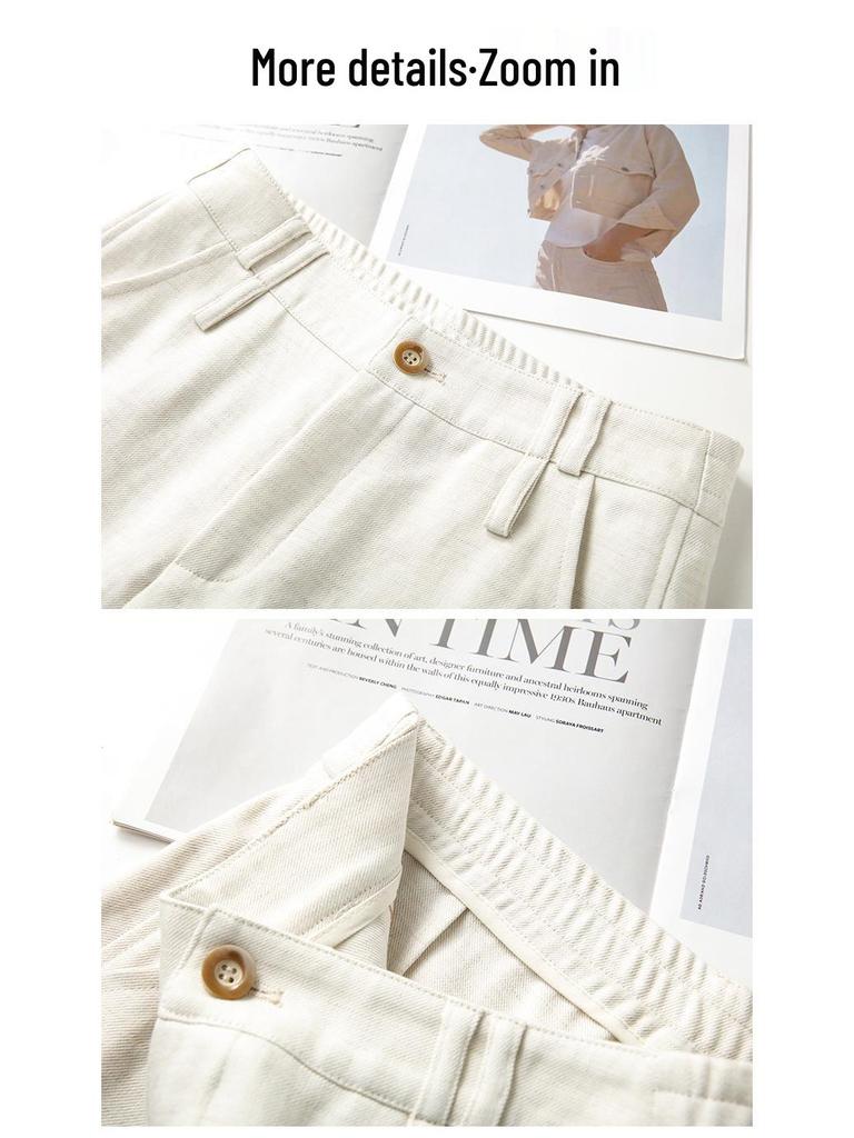 White Linen Loose-Fit Old Money Style Women’s Elastic Waist Wide-Leg Trousers, Casual Spring 2026 Collection
