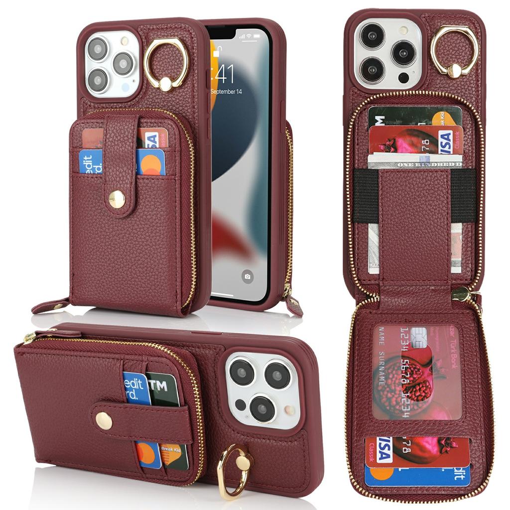 For iPhone 13 Pro Max/12 Pro Max Case with Zipper Pouch/Ring Kickstand/Strap Litchi Texture PU+TPU Phone Cover