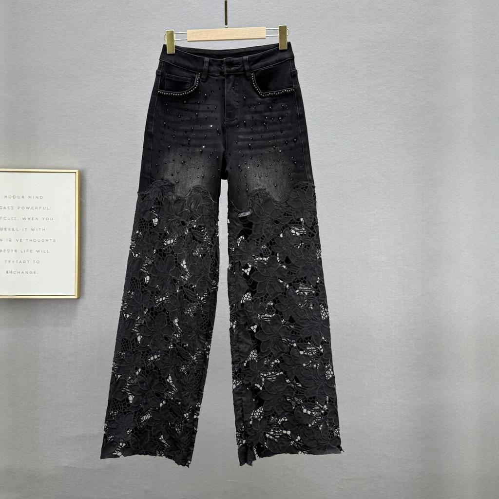 Beaded Diamond-embellished Denim Wide-leg Pants for Women, Summer New High-waisted Loose Lace Cutout Extended Pants Trendy